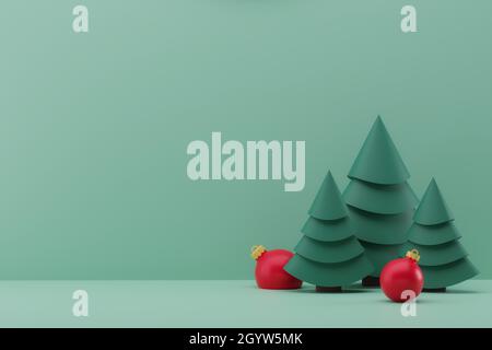 Weihnachten und Neujahr Hintergrund. Drei grüne weihnachtsbäume mit roten weihnachtskugeln. Zusammensetzung der Winterferien Stockfoto