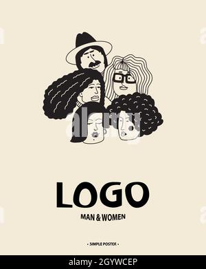 Männer- und Frauengruppe. Verschiedene Gesichter von Mädchen. „Heads of People“-Logo. Stock Vektor