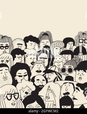 Gesichter von Menschen - handgezeichnetes Doodle-Set. Schwarz-Weiß-Vektordarstellung von Menschen. Sammlung von verschiedenen Menschen. Jung, mittleres Alter, Senior adul Stock Vektor