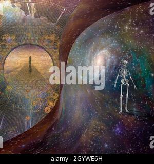 Skelett im Weltraum. Der Mensch auf dem steinernen Weg in die Ewigkeit. 3D-Rendering. Stockfoto