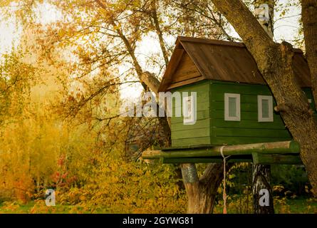 Ein kleines Kinderhaus für Spiele und Unterhaltung auf einem Baum im Park. Haus auf den Zweigen eines großen Baumes Stockfoto