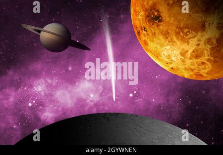 Illustration von Planeten und Galaxie, Science-Fiction-Tapete Deep Space Beauty 3D Render Stockfoto