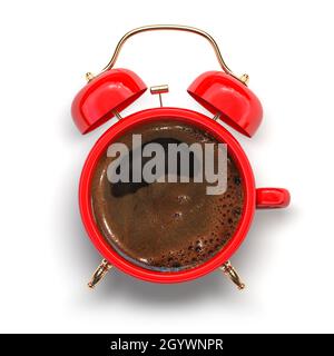 Rote Kaffeetasse mit Wecker. Kaffeezeit und Weckkonzept. 3d-Illustration Stockfoto