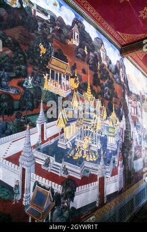 Detail der Wandmalerei im Großen Palast, พระบรมมหาราชวัง, Wat Phra Kaew. Bangkok, Thailand Stockfoto