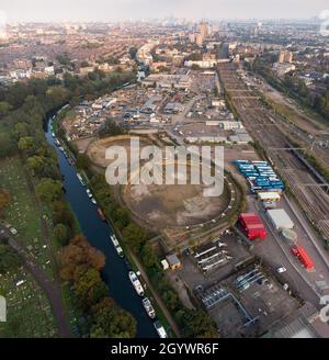 Standort der abgerissenen Kensal Green Gas Holders, London, England Stockfoto