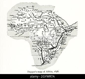 Diese Karte von Dapper zeigt Afrika im Jahr 1686. Olfert Dapper (1636 –1689) war ein niederländischer Arzt und Schriftsteller. Er schrieb Bücher über Weltgeschichte und Geographie, obwohl er nie außerhalb der Niederlande reiste. Seine „Beschreibung Afrikas“, veröffentlicht 1668), ist ein Schlüsseltext für Afrikanstudien – und diese Karte begleitet den Text. Stockfoto