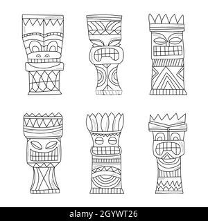 Polynesische Tiki-Idole aus schwarzem und weißem Holz, geschnitzt mit Götterstatuen. Vektorgrafik im handgezeichneten Stil Stock Vektor