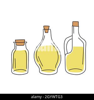 Handgezeichnete Skizze - Sammlung von Olivenölflaschen. Tolle Designelemente für Olivenöl-Produkte auf Weiß Stock Vektor