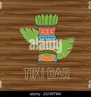 Tiki-Maske aus Holz, Schild mit Bar. Hawaiianische traditionelle Elemente auf Holzhintergrund. Vektorgrafik. Stock Vektor