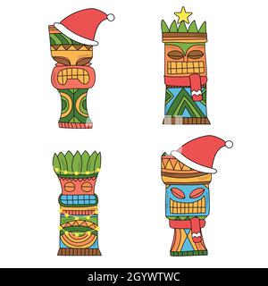 Eine Reihe von Tiki-Idolen im Weihnachtsdekor. Farbige Idole für Neujahr Party Einladungskarten Design oder Werbung Stock Vektor
