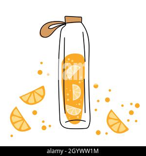 Glasflasche und leckeres Orangengetränk. Orangengetränk - Saft auf Weiß. Vektorgrafik auf Speisen und Getränke in handgezeichneter Form. Stock Vektor