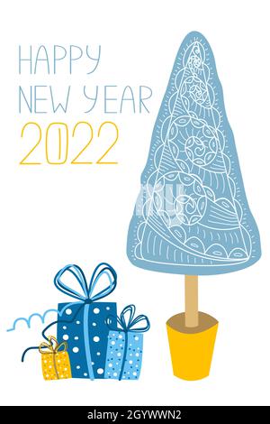 Grußkarte für das neue Jahr 2022. Vektor-Illustration eines niedlichen Weihnachtsbaums mit Schachteln mit Geschenken und einem Grußschriftzug. Stock Vektor