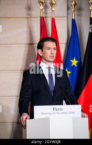 Bundeskanzler Sebastian kurz bei einer visio-Pressekonferenz mit dem französischen Präsidenten Emmanuel Macron und Bundeskanzlerin Angela Merkel zur europäischen Reaktion auf die terroristische Bedrohung am 10. November 2020 in Paris, Frankreich. Foto von Romain Gaillard/Pool/ABACAPRESS.COM Stockfoto