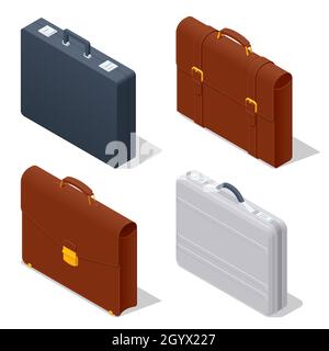Isometrische Aktentaschensymbole auf weißem Hintergrund. Diplomat, fürs Büro, für Laptop. Stock Vektor