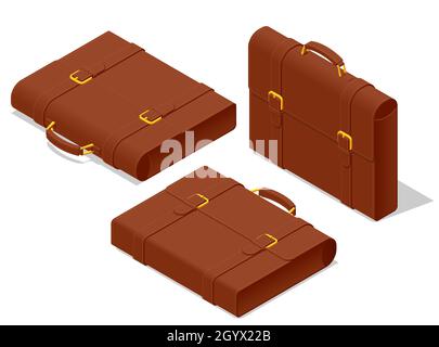 Isometrische Aktentaschensymbole auf weißem Hintergrund. Diplomat, fürs Büro, für Laptop. Stock Vektor