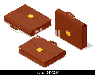 Isometrische Aktentaschensymbole auf weißem Hintergrund. Diplomat, fürs Büro, für Laptop. Stock Vektor