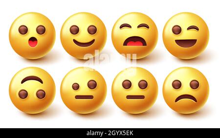 Emojis-Zeichenvektorsatz. Emoji 3d mit lächelndem, verärgerter und trauriger Gesichtsemotionsdarstellung für eine grafische Sammlung von gelbem Gesicht und Reaktionen. Stock Vektor