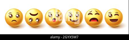 Emojis-Zeichenvektorsatz. 3d Emoticon Charaktere traurig, glücklich und auf den Kopf gestellt Reaktion und Emotion Design für Emoji Graphic Elements Kollektion. Stock Vektor