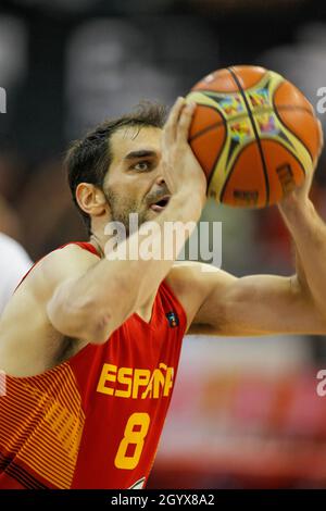 A Coruna, Spanien. Jose Manuel Calderon schießt während des Freundschaftsspiel zwischen Spanien und Kanada am 6. August 2014 um den Korb Stockfoto