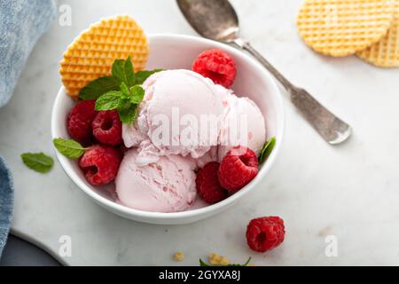 Himbeereis in einer Schüssel mit frischen Beeren Stockfoto
