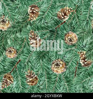 Nahtloses Muster aus Tanne, Kiefernzweigen und Zapfen. Aquarell solide Illustration für Neujahr und Weihnachten. Isoliert auf weißem Hintergrund. Gezeichnet von han Stockfoto