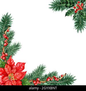 Weihnachtsrahmen mit Tanne, Kiefernzweigen, Holly-Zweigen, Ilex und Poinsettia. Aquarell-Illustration eines Eckrahmens mit Kiefernnadeln, Beeren und le Stockfoto