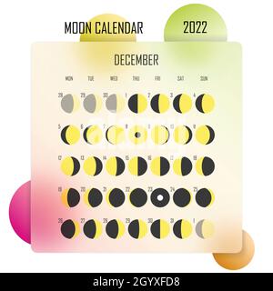 Dezember 2022 Mondkalender. Astrologisches Kalenderdesign. planer. Platz für Aufkleber. Modell des Monatszyklus-Planers. Isolierte bunte Glasmorphismus Stock Vektor