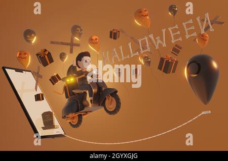 3d-Illustration. Halloween Hintergrund . Schenken Sie Gutschein, Banner, Poster oder Hintergrund, Papierkunst und Bastelstil, Online-Shopping-Konzept. Stockfoto