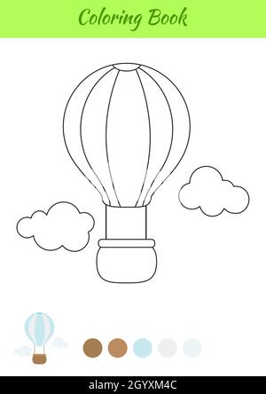 Malbuch Heißluftballon für Kinder. Druckbares Arbeitsblatt. Pädagogische Aktivitätsseite für Kinder im Vorschulalter und Kleinkinder mit Transport. Zeichentrickfilm c Stock Vektor