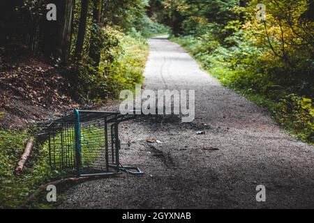 Verlassene Einkaufswagen auf dem Bridle Trail im Stanley Park in Vancouver gefunden Stockfoto