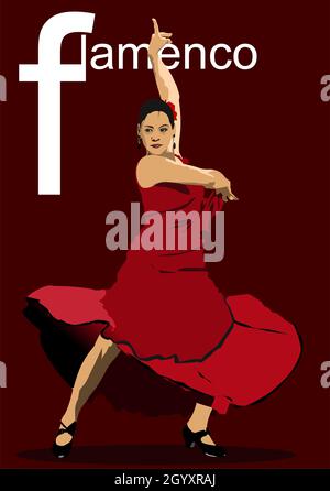 Schöne junge Frau, die Flamenco tanzt. Vektor-3d-Illustration Stock Vektor