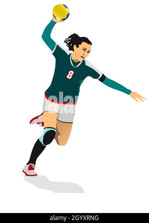 Junge Frau Ausübung Handballspieler Silhouette. 3d-Farbvektordarstellung Stock Vektor