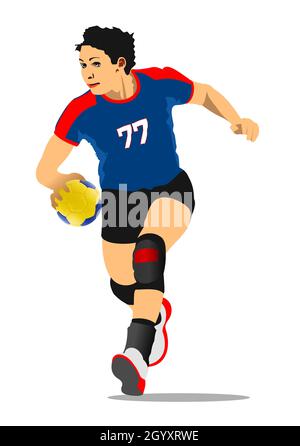 Junge Frau Ausübung Handballspieler Silhouette. 3d-Farbvektordarstellung Stock Vektor
