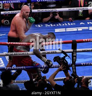 LAS VEGAS, NV - 09. OKTOBER: ( in Blk Trucks) Tyson Fury liefert während der 11. Runde einen Rechtskreuzschlag und KO's Deontay Wilder für den World Heavyweight Championship III Trilogiekampf in der T-Mobile Arena am Samstag, 9. Oktober 2021 in Las Vegas, Nevada. (MB Media) Stockfoto