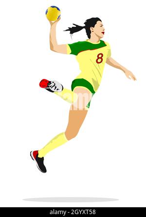 Junge Frau Ausübung Handballspieler Silhouette. 3d-Farbvektordarstellung Stock Vektor