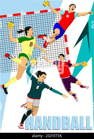 Set der Ausübung Handball Spieler Silhouette. 3d-Farbvektordarstellung Stock Vektor