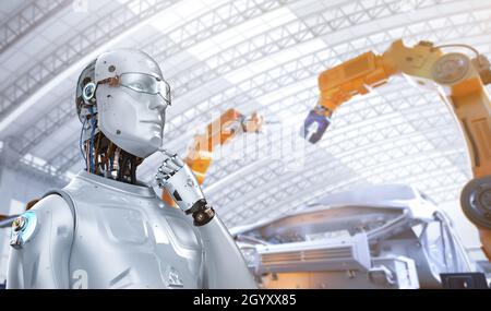 Automationsfabrik mit 3d Rendering Robotersteuerung Roboterarm in der Fabrik Stockfoto