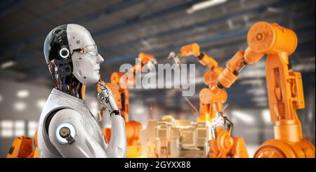Automationsfabrik mit 3d Rendering Robotersteuerung Roboterarm in der Fabrik Stockfoto