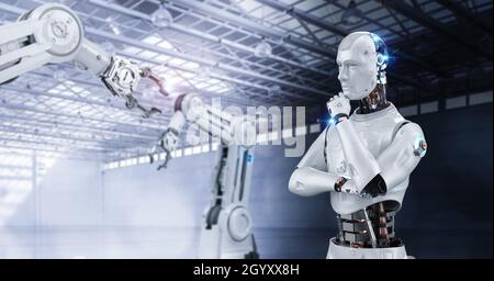Automationsfabrik mit 3d Rendering Robotersteuerung Roboterarm in der Fabrik Stockfoto