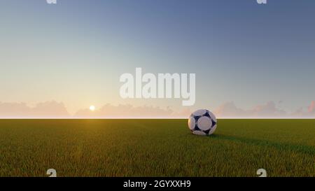 Fußballball Sonnenuntergang Sonnenaufgang Sportkonzept. 3d-Rendering Stockfoto