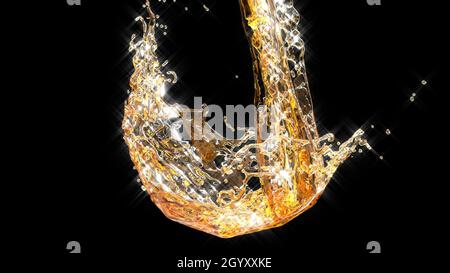 Alkoholbier-Strahl auf schwarz-gelbes flüssiges 3d-Render Stockfoto