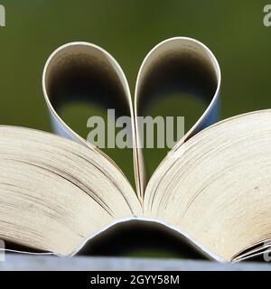 Die Seiten eines Buches bilden das Symbol eines Herzens. Konzept der Liebe zu Büchern und Liebe zum Lesen Stockfoto