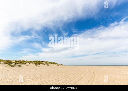 Blauer Himmel und weiße Wolken über einem riesigen Sandstrand Stockfoto