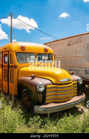 Gelber Vintage chevy Schulbus, der auf bewachsenem Gras neben einem alten Gebäude unter einem klaren blauen Himmel geparkt ist Stockfoto