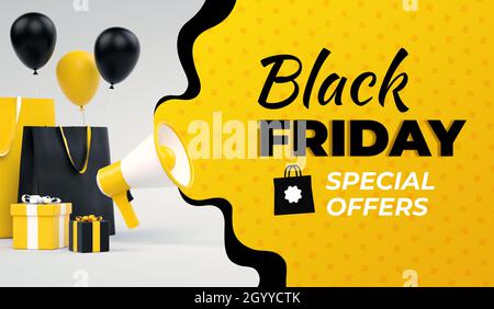 Black Friday Verkauf gelben Banner Hintergrund mit Megaphon und Schriftzug Text in realistischer 3D-Rendering. Promotion-Marketing-Rabatt und Online-Shop Stockfoto