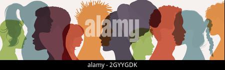 Abstrakte Silhouette Gesicht von verschiedenen Menschen im Profil. Freundschaft zwischen multiethnischen und multikulturellen Menschen. Community- oder Teamwork-Konzept Stock Vektor