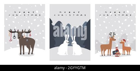 Set von Weihnachtskarten von Hirschen, Elchen, Hasen, Hasenfamilie im Wald, Schneezeit. Vektorgrafiken für Winterferien. Stock Vektor
