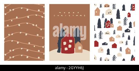 Handgezeichnete Weihnachtskarten. Gemütliche Vektor-Illustrationen von gestrickten, Faden, Stadt oder Dorf Holzhäuser, Weihnachtsbäume Elemente für Winter ho Stock Vektor