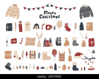 Winter Weihnachten isoliert Elemente Pullover Geschenke, Schneemann Hut Kerze Baum Zweig Spielzeug Socken gestrickt Ballon Häuser Beulen Lollipop Becher Kissen Home deco Stock Vektor