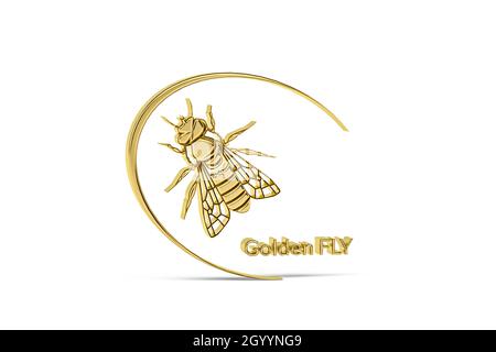 Goldenes 3d-Housefly-Symbol auf weißem Hintergrund isoliert - 3d-Rendering Stockfoto